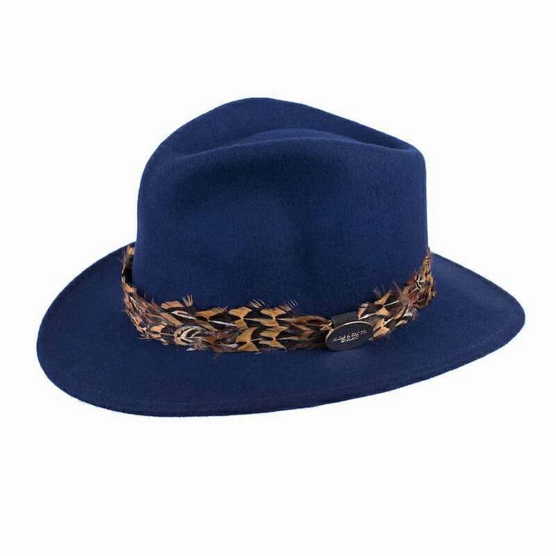 Daily Clearance Deal Flash Deal Alert Hicks & Brown Suffolk Bronze Feather Wrap Fedora Hat - Navy