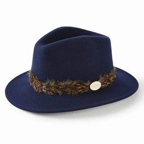 Hicks & Brown Suffolk Bronze Feather Wrap Fedora Hat - Navy Gift Sale Event