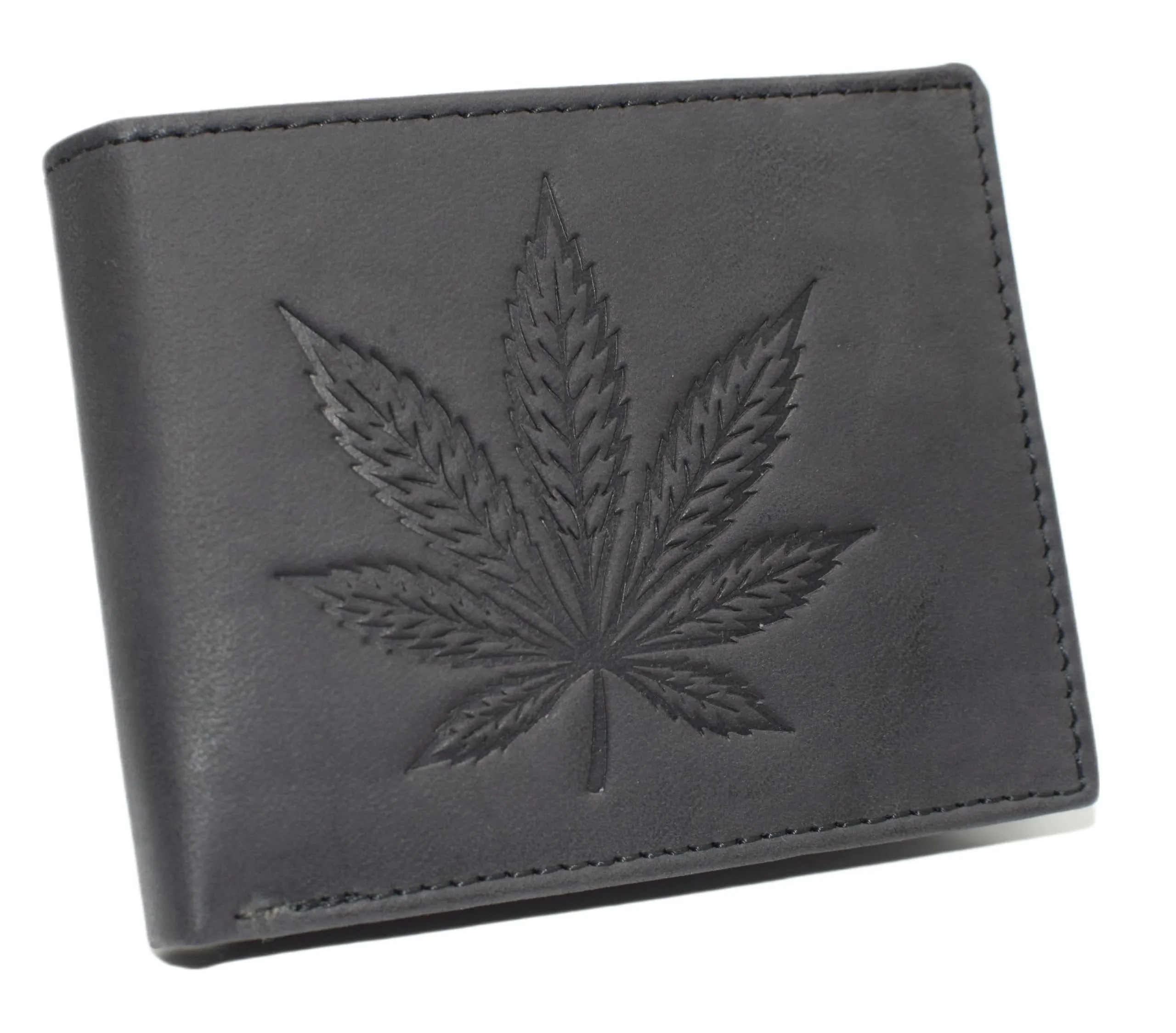 MenS Rfid Blocking Vintage Leather Bifold Wallet  Marijuana Leaf Design  Cannabis Leaf Debossed Genuine Leather Wallet (Black) Online Deal Frenzy Deal Frenzy Today