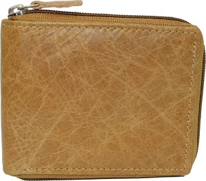 Shop the Savings Now Mens Zip Around Rfid Blocking Cowhide Leather Zipper Bifold Wallet For Men (Tan)