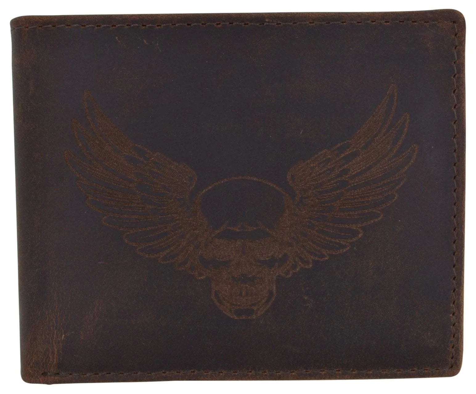Today Only Discount Alert New Skull & Wings Printed Logo Mens Rfid Bifold Genuine Leather Wallet