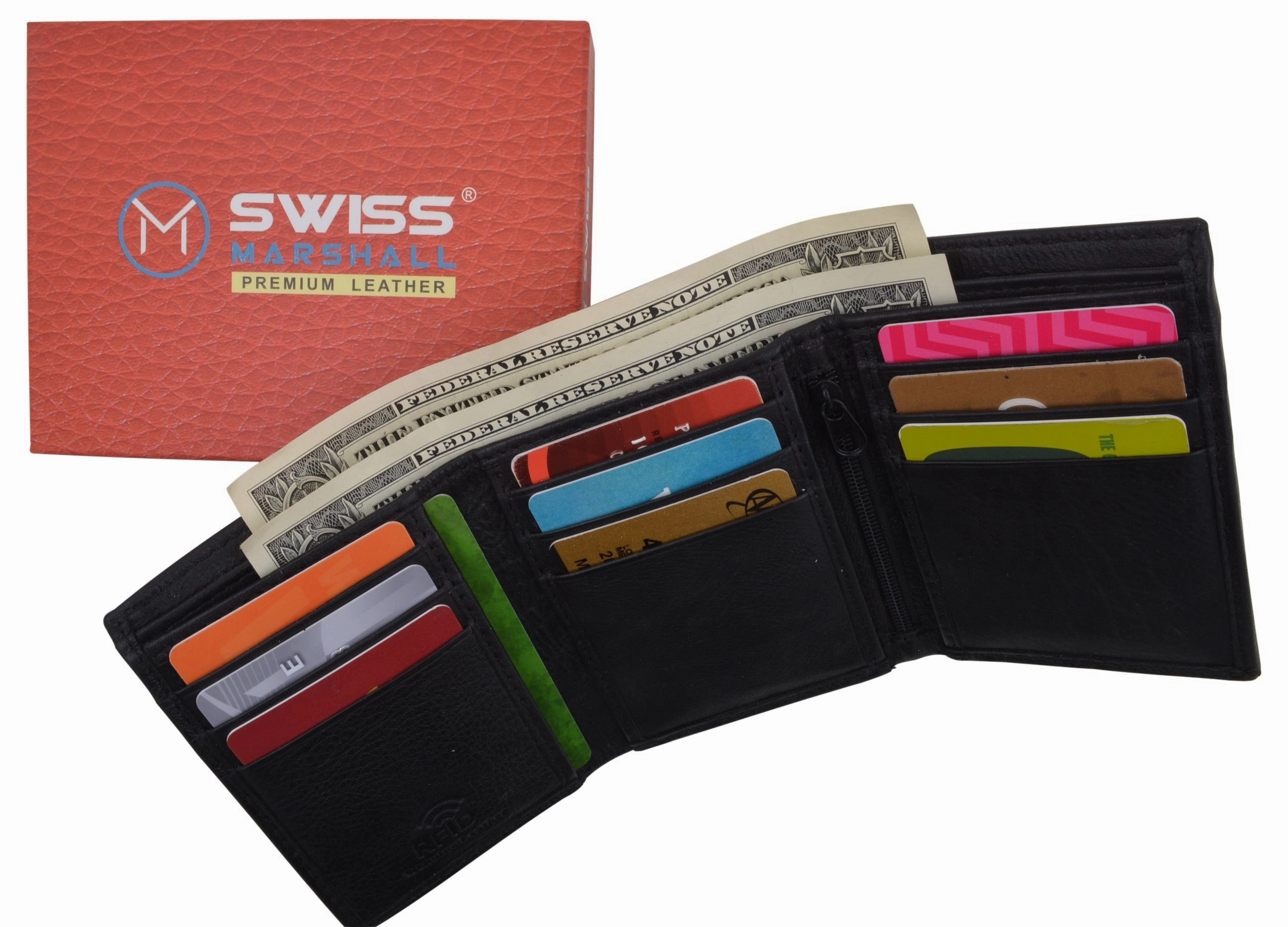 Leather Rfid Blocking Trifold Credit Card Mens Wallet W/Outside Id Window & Box Today Only Savings