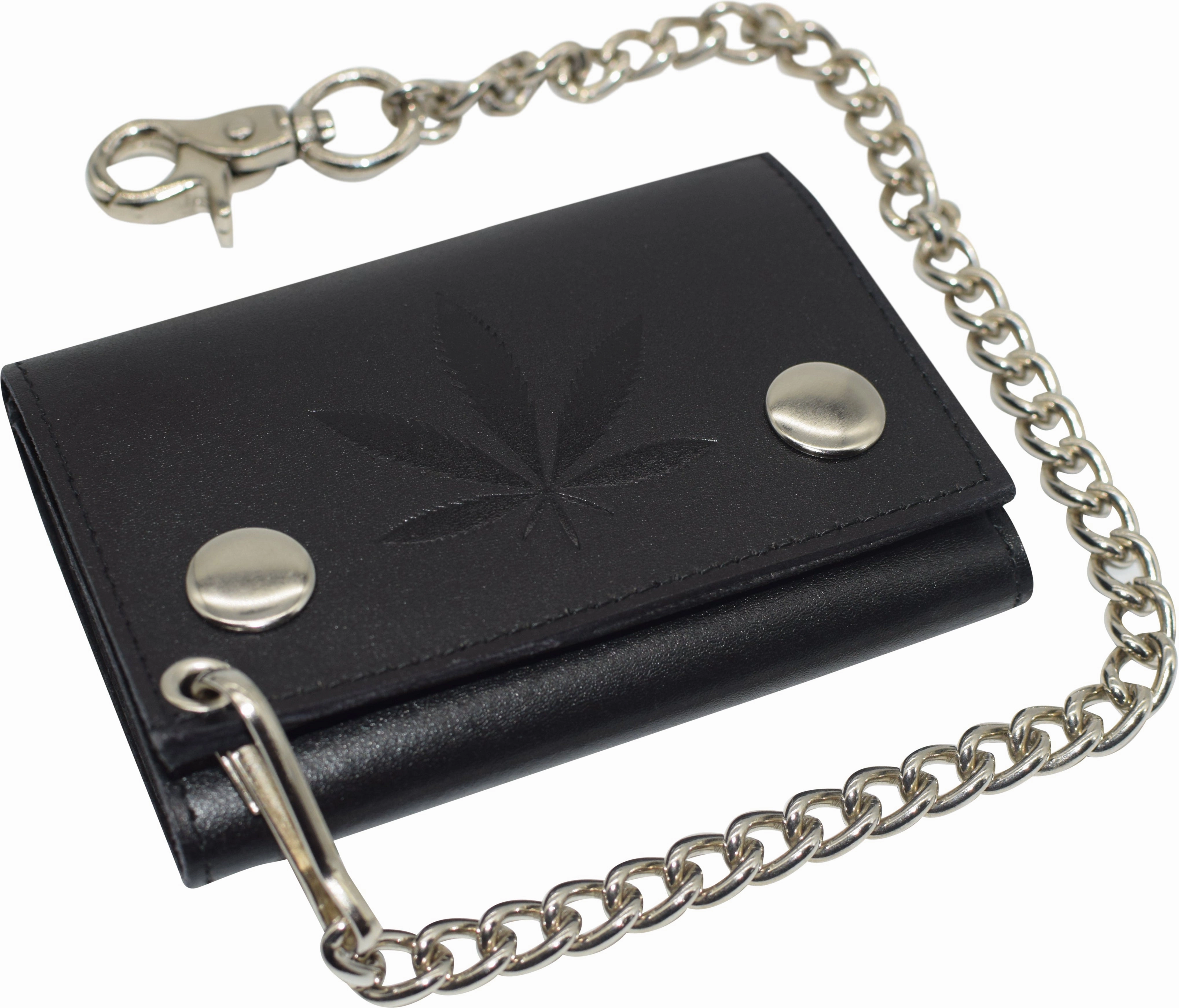 Todays Steal Special Offer Inside Marijuana Leaf Men'S Tri-Fold Biker Cowhide Leather Rfid Blocking Steel Chain Wallet Snap Closure