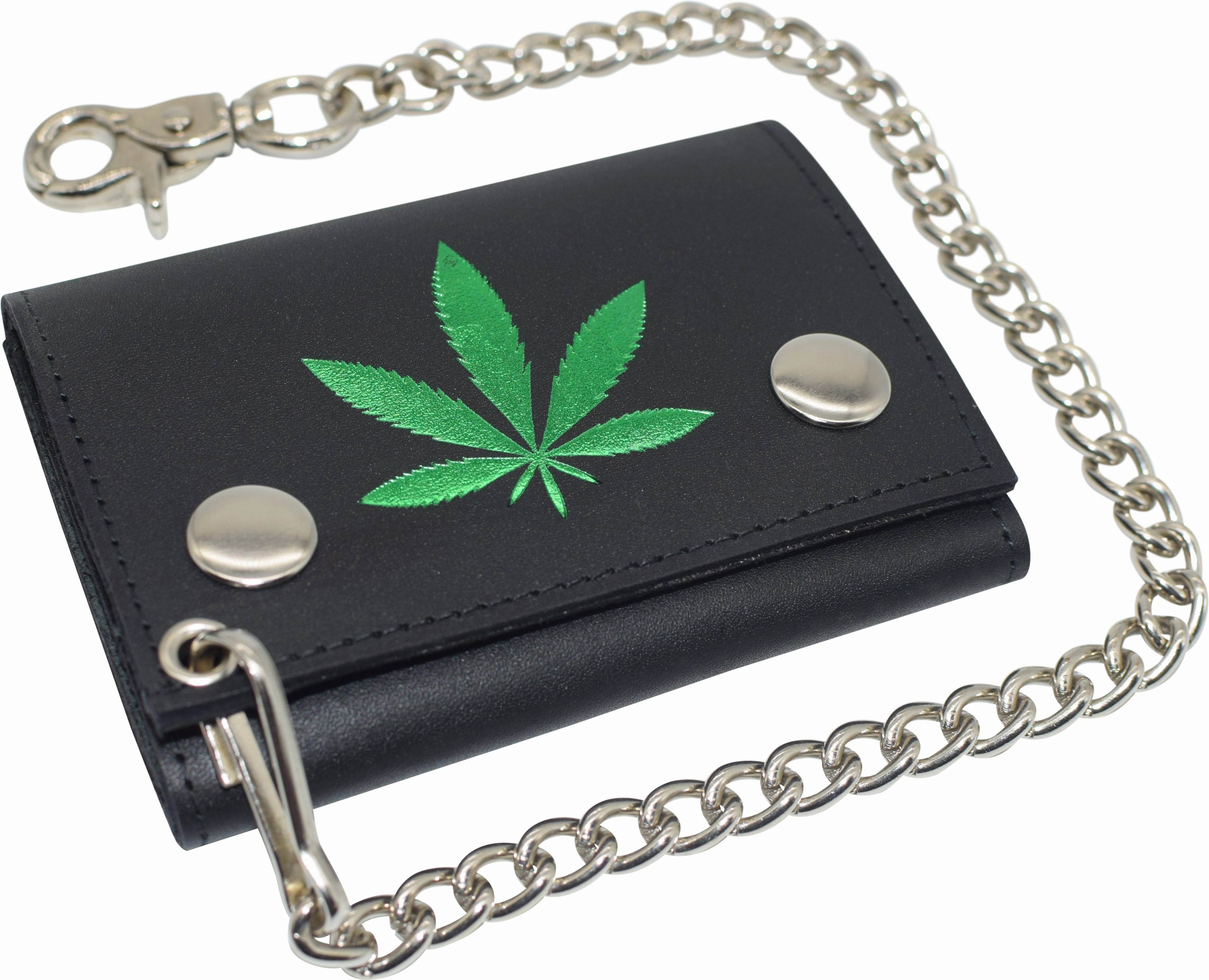 Marijuana Leaf Men'S Tri-Fold Biker Cowhide Leather Rfid Blocking Steel Chain Wallet Snap Closure Hot Price Drop