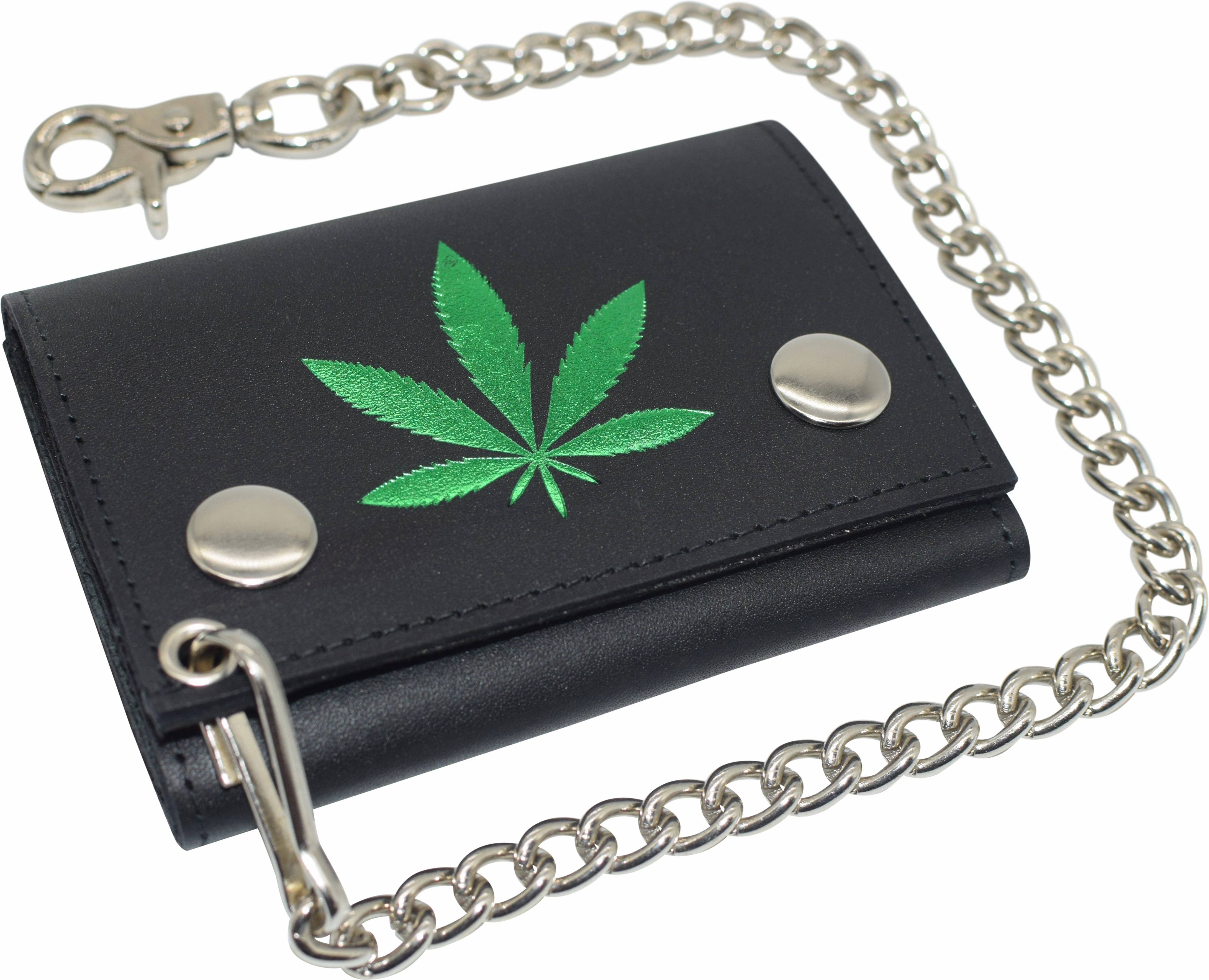 Marijuana Leaf Men'S Tri-Fold Biker Cowhide Leather Rfid Blocking Steel Chain Wallet Snap Closure Hot Price Drop