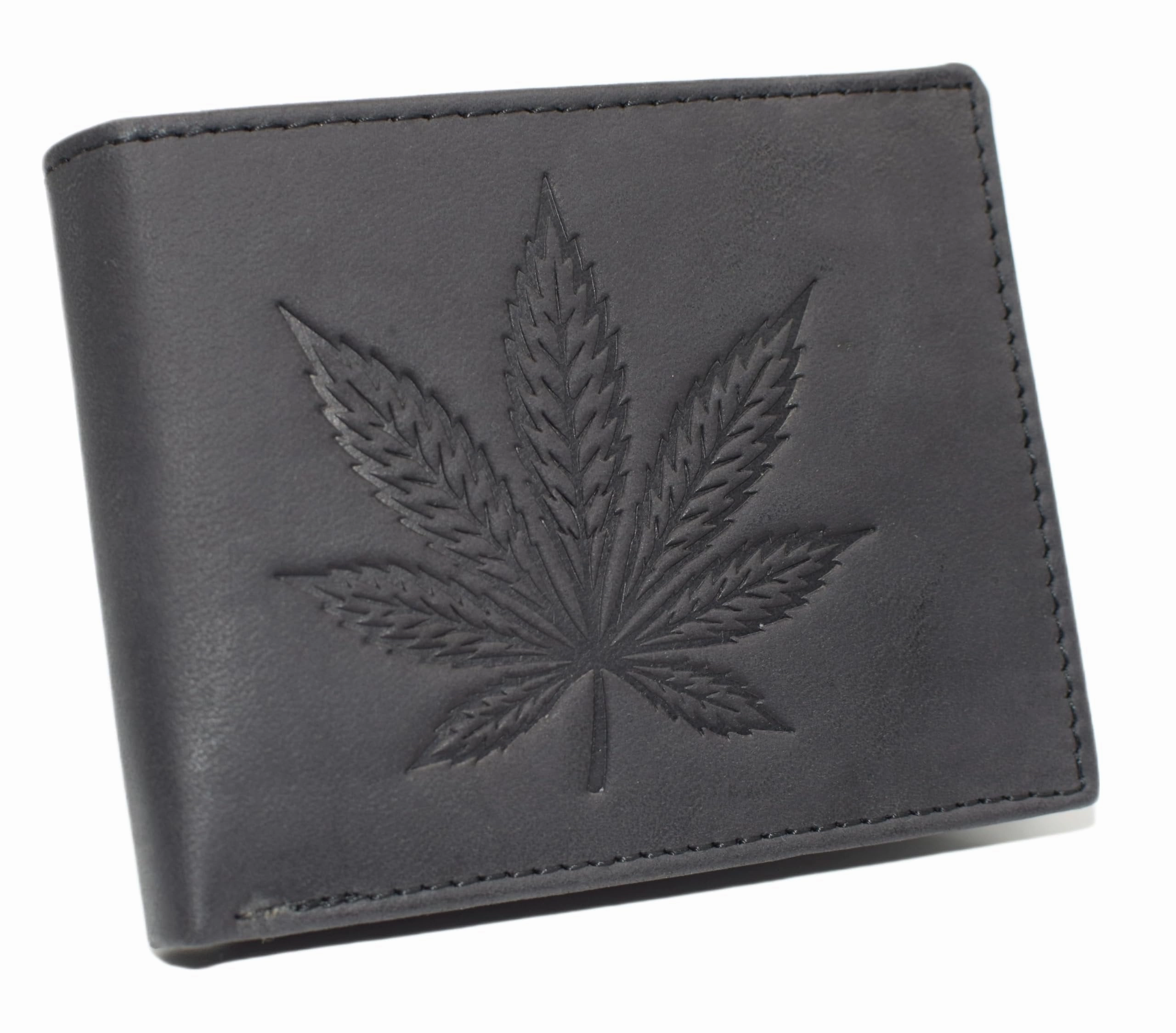 MenS Rfid Blocking Vintage Leather Bifold Wallet  Marijuana Leaf Design  Cannabis Leaf Debossed Genuine Leather Wallet (Black) Online Deal Frenzy Deal Frenzy Today