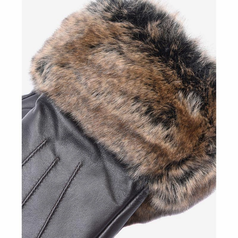 Limited Stock Hot Deal Barbour Fur Trimmed Ladies Leather Gloves - Dark Brown