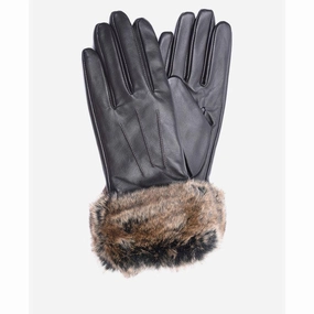 Barbour Fur Trimmed Ladies Leather Gloves - Dark Brown Special Price Offer