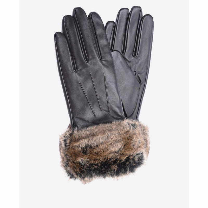 Barbour Fur Trimmed Ladies Leather Gloves - Dark Brown Special Price Offer