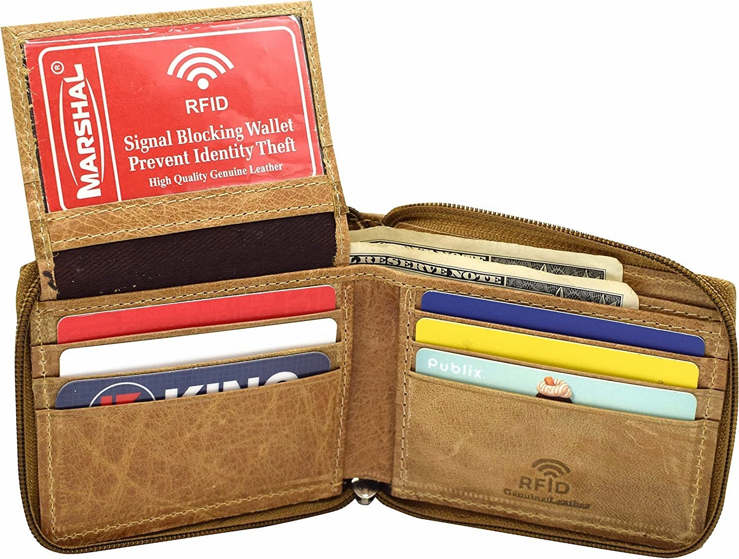 Hot Sale Today Mens Zip Around Rfid Blocking Cowhide Leather Zipper Bifold Wallet For Men (Tan)