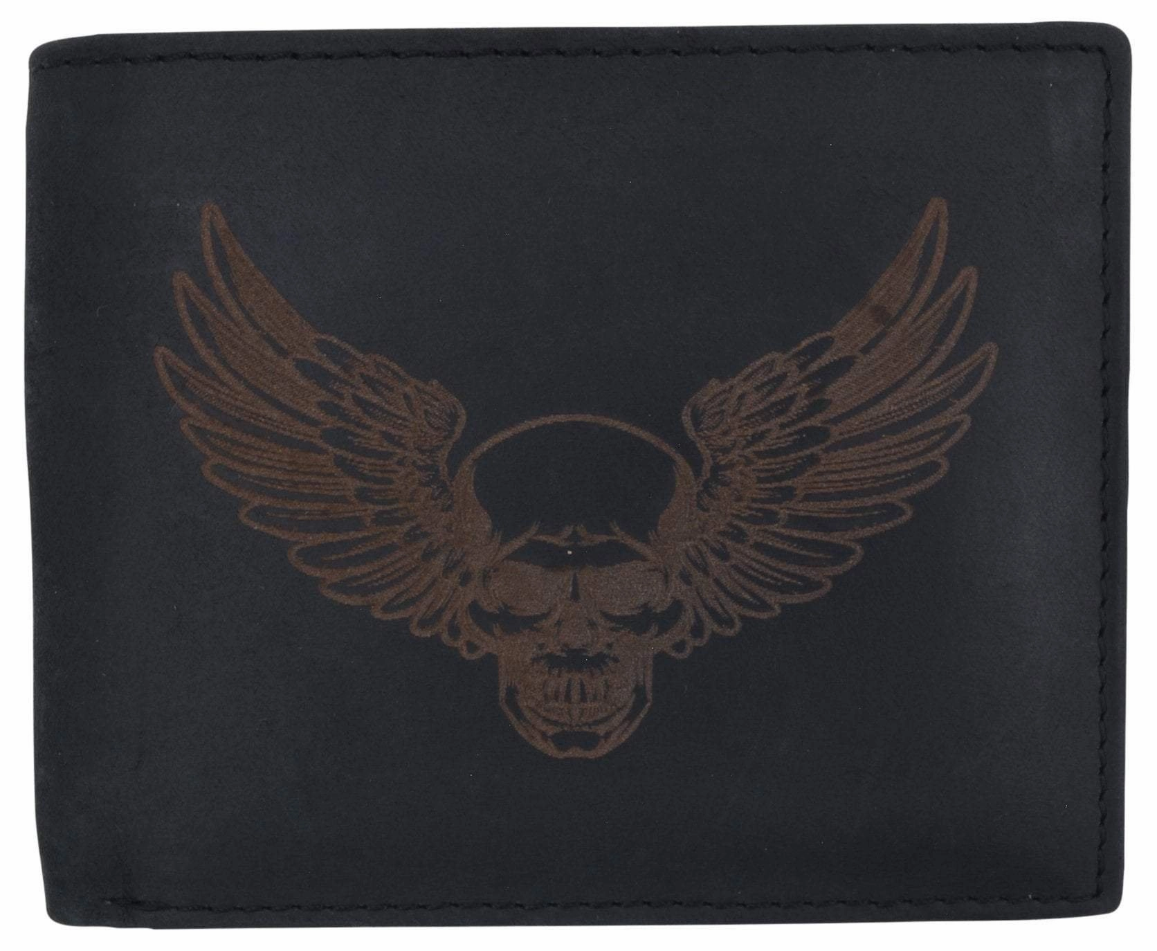 New Skull & Wings Printed Logo Mens Rfid Bifold Genuine Leather Wallet Best Deal Today Limited Stock Deals