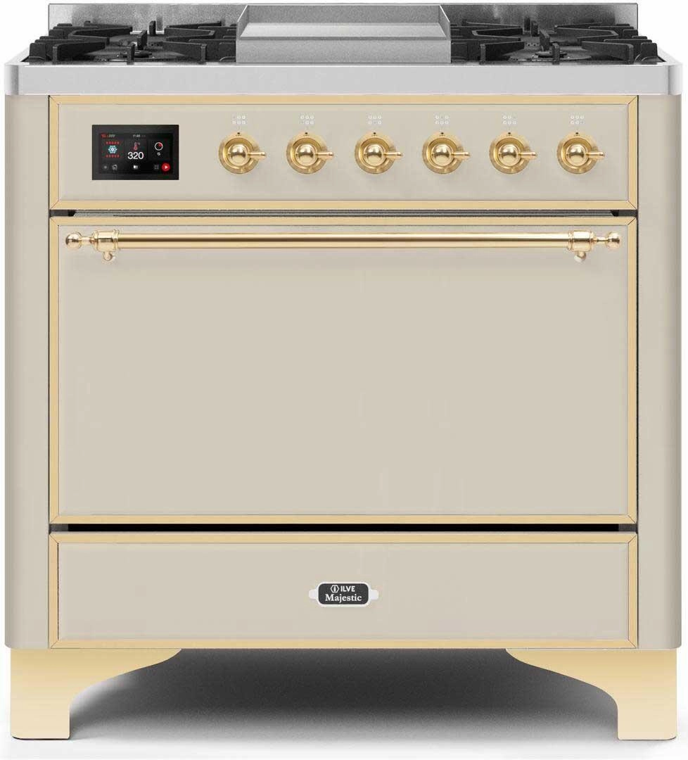 Ilve UM09FDQNS3AWG Majestic Ii 36 Inch Dual Fuel Natural Gas Freestanding Range In Antique White With Brass Trim