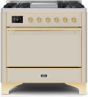 Ilve UM09FDQNS3AWG Majestic Ii 36 Inch Dual Fuel Natural Gas Freestanding Range In Antique White With Brass Trim
