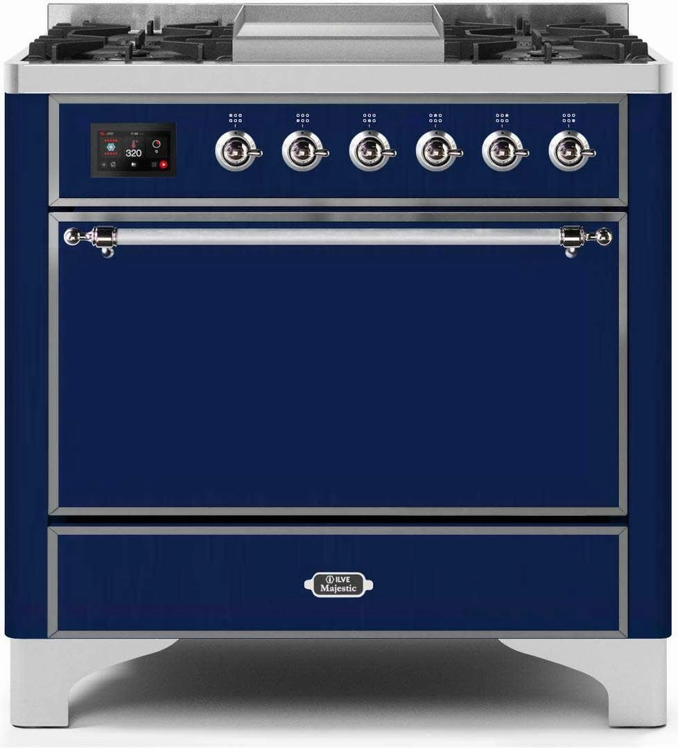Ilve UM09FDQNS3MBC Majestic Ii 36 Inch Dual Fuel Natural Gas Freestanding Range In Blue With Chrome Trim