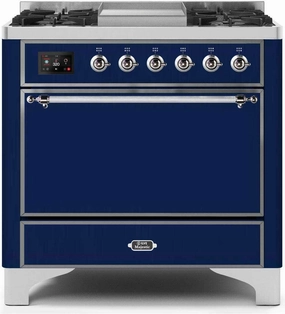 Ilve UM09FDQNS3MBC Majestic Ii 36 Inch Dual Fuel Natural Gas Freestanding Range In Blue With Chrome Trim