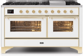 Ilve UM15FDNS3WHGLP Majestic Ii 60 Inch Dual Fuel Liquid Propane Freestanding Range In White With Brass Trim
