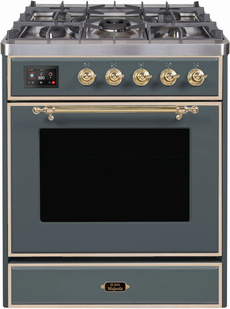 Ilve UM30DNE3BGGLP Majestic Ii 30 Inch Dual Fuel Liquid Propane Freestanding Range In Blue Grey With Brass Trim