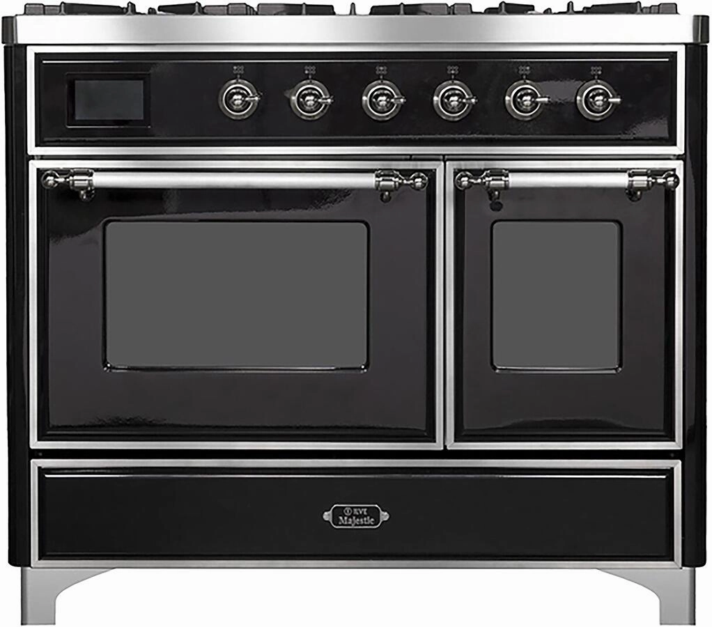 Ilve UMD10FDNS3BKC Majestic Ii 40 Inch Dual Fuel Natural Gas Freestanding Range In Glossy Black With Chrome Trim