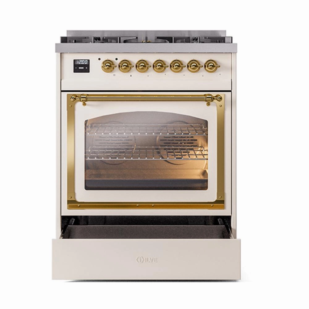 Ilve UN30NMPAWGLP Ilve Un30Nmpawglp Nostalgie Ii Noblesse 30" Dual Fuel Range (Liquid Propane, Triple Glass Door, Antique White, Brass)