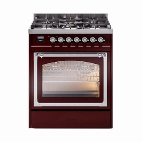 Ilve UN30NMPBUCLP Ilve Un30Nmpbuclp Nostalgie Ii Noblesse 30" Dual Fuel Range (Liquid Propane, Triple Glass Door, Burgundy, Chrome)