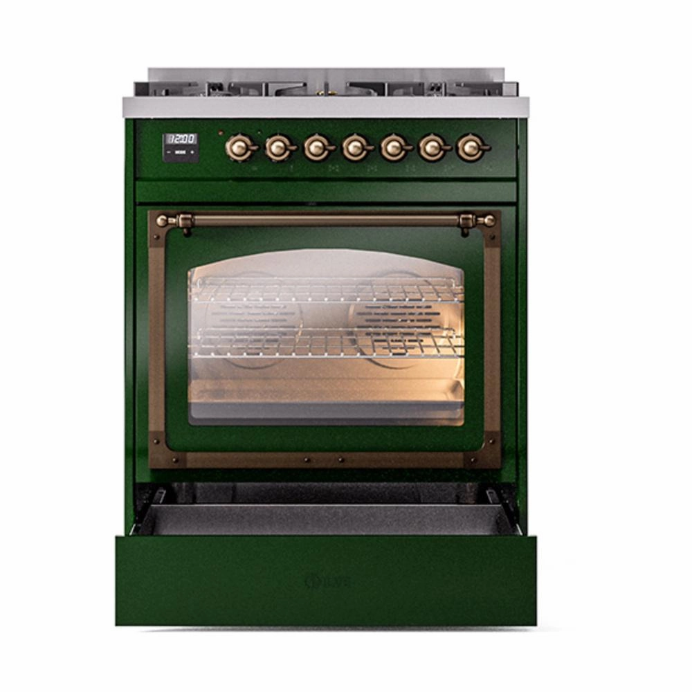 Ilve UN30NMPEGB Ilve Un30Nmpegb Nostalgie Ii Noblesse 30" Dual Fuel Range (Natural Gas, Triple Glass Door, Emerald Green, Burnished)