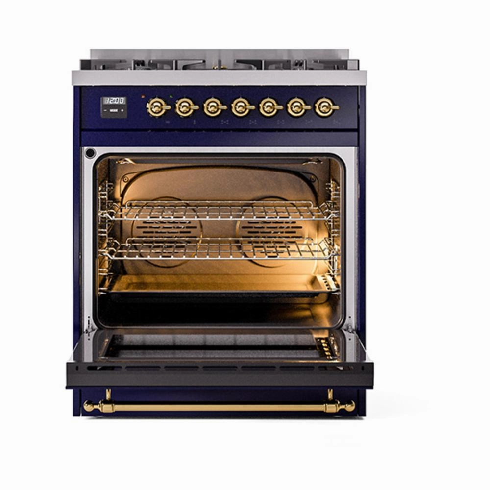 Ilve UN30NMPMBGLP Ilve Un30Nmpmbglp Nostalgie Ii Noblesse 30" Dual Fuel Range (Liquid Propane, Triple Glass Door, Midnight Blue, Brass)