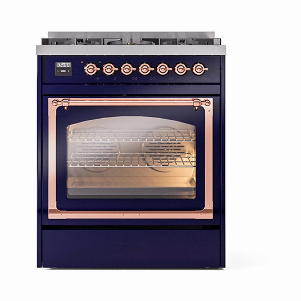 Ilve UN30NMPMBPLP Ilve Un30Nmpmbplp Nostalgie Ii Noblesse 30" Dual Fuel Range (Liquid Propane, Triple Glass Door, Midnight Blue, Copper)