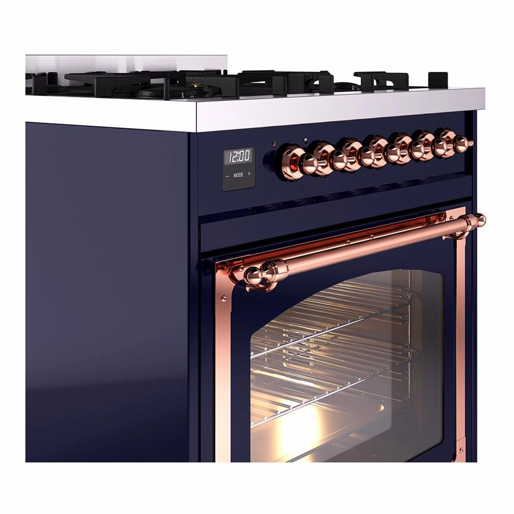 Ilve UN30NMPMBPLP Ilve Un30Nmpmbplp Nostalgie Ii Noblesse 30" Dual Fuel Range (Liquid Propane, Triple Glass Door, Midnight Blue, Copper)