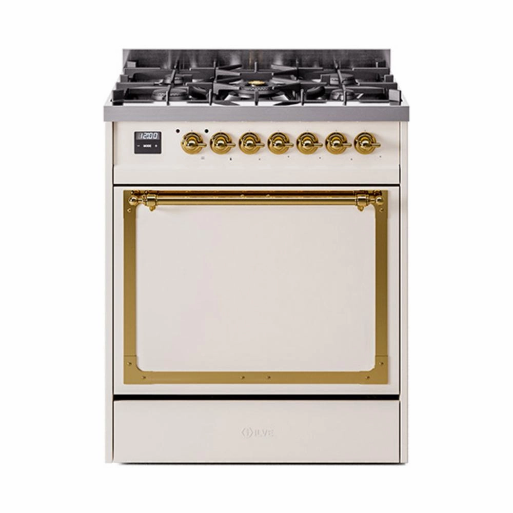 Ilve UN30QNMPAWG Ilve Un30Qnmpawg Nostalgie Ii Noblesse 30" Dual Fuel Range (Natural Gas, Solid Door, Antique White, Brass)
