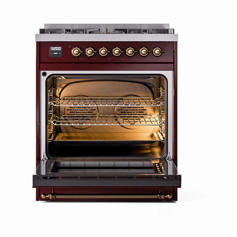 Ilve UN30QNMPBUBLP Ilve Un30Qnmpbublp Nostalgie Ii Noblesse 30" Dual Fuel Range (Liquid Propane, Solid Door, Burgundy, Burnished)