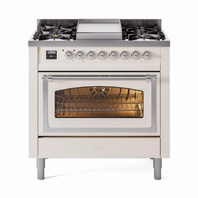 Ilve UN36FNMPAWC Ilve Un36Fnmpawc Nostalgie Ii Noblesse 36" Dual Fuel Range (Natural Gas, Triple Glass Door, Antique White, Chrome)
