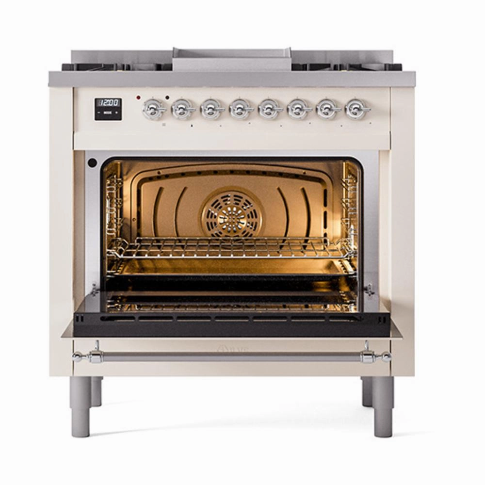 Ilve UN36FNMPAWC Ilve Un36Fnmpawc Nostalgie Ii Noblesse 36" Dual Fuel Range (Natural Gas, Triple Glass Door, Antique White, Chrome)