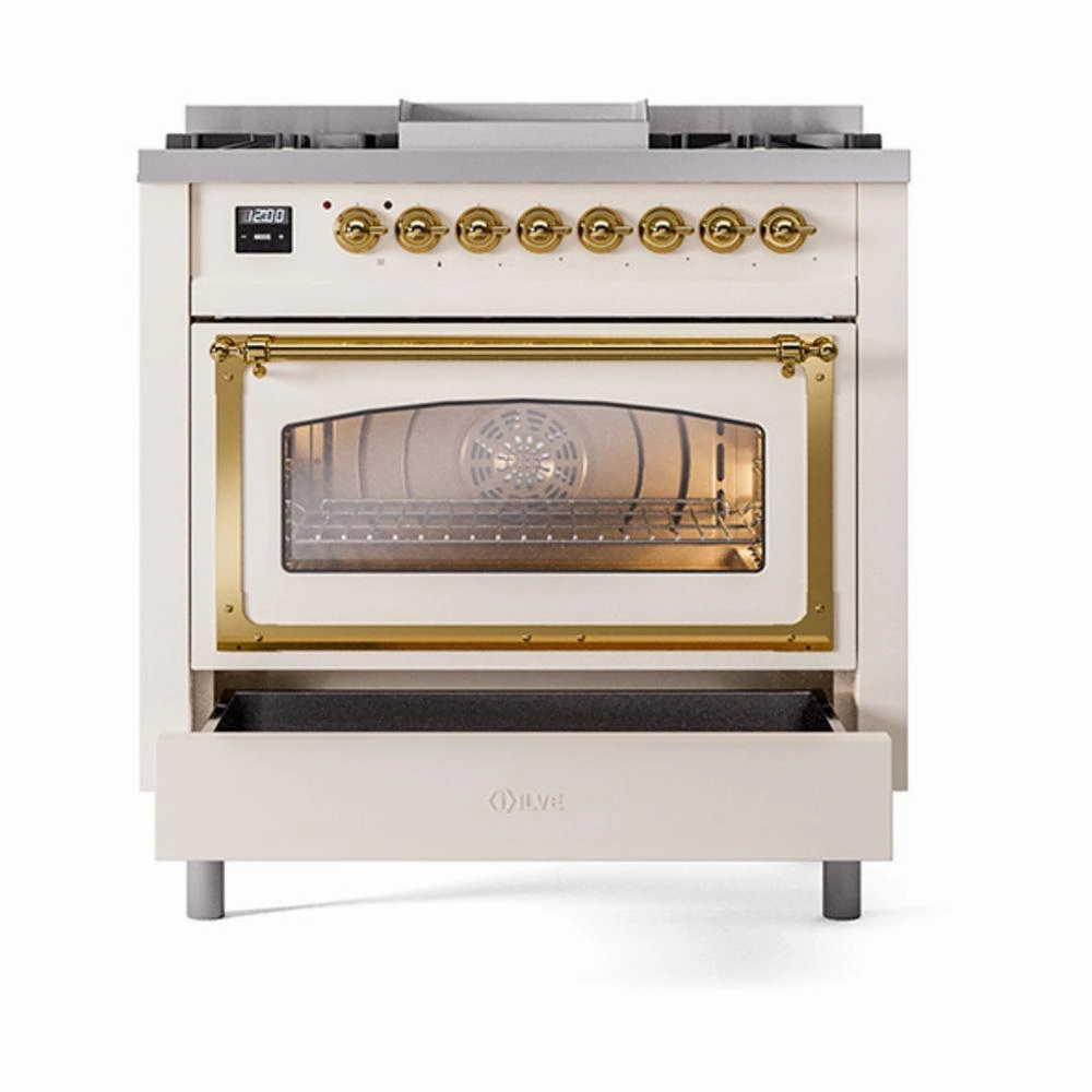 Ilve UN36FNMPAWG Ilve Un36Fnmpawg Nostalgie Ii Noblesse 36" Dual Fuel Range (Natural Gas, Triple Glass Door, Antique White, Brass)