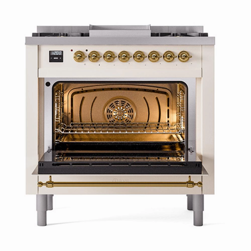 Ilve UN36FNMPAWG Ilve Un36Fnmpawg Nostalgie Ii Noblesse 36" Dual Fuel Range (Natural Gas, Triple Glass Door, Antique White, Brass)