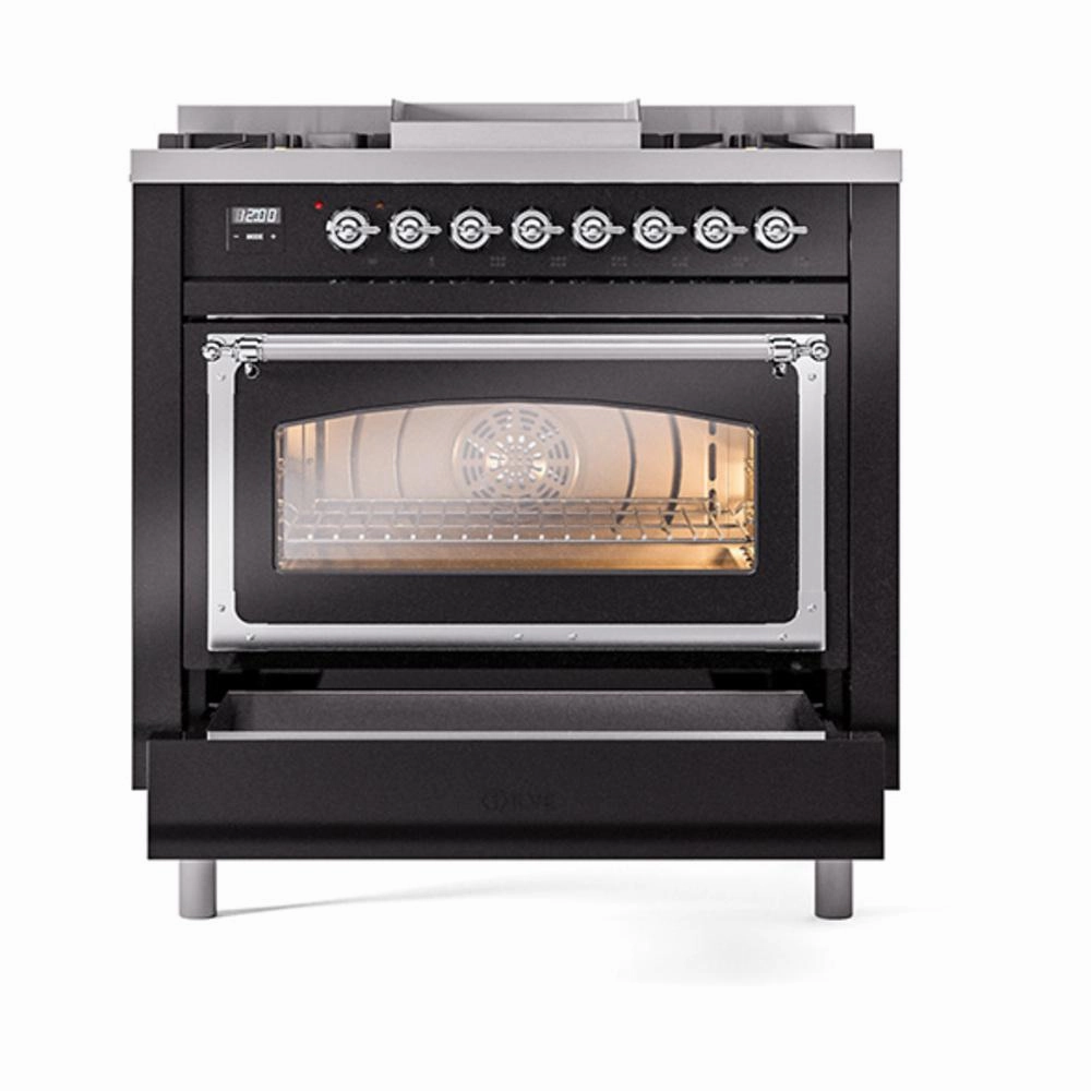 Ilve UN36FNMPBKCLP Ilve Un36Fnmpbkclp Nostalgie Ii Noblesse 36" Dual Fuel Range (Liquid Propane, Triple Glass Door, Glossy Black, Chrome)