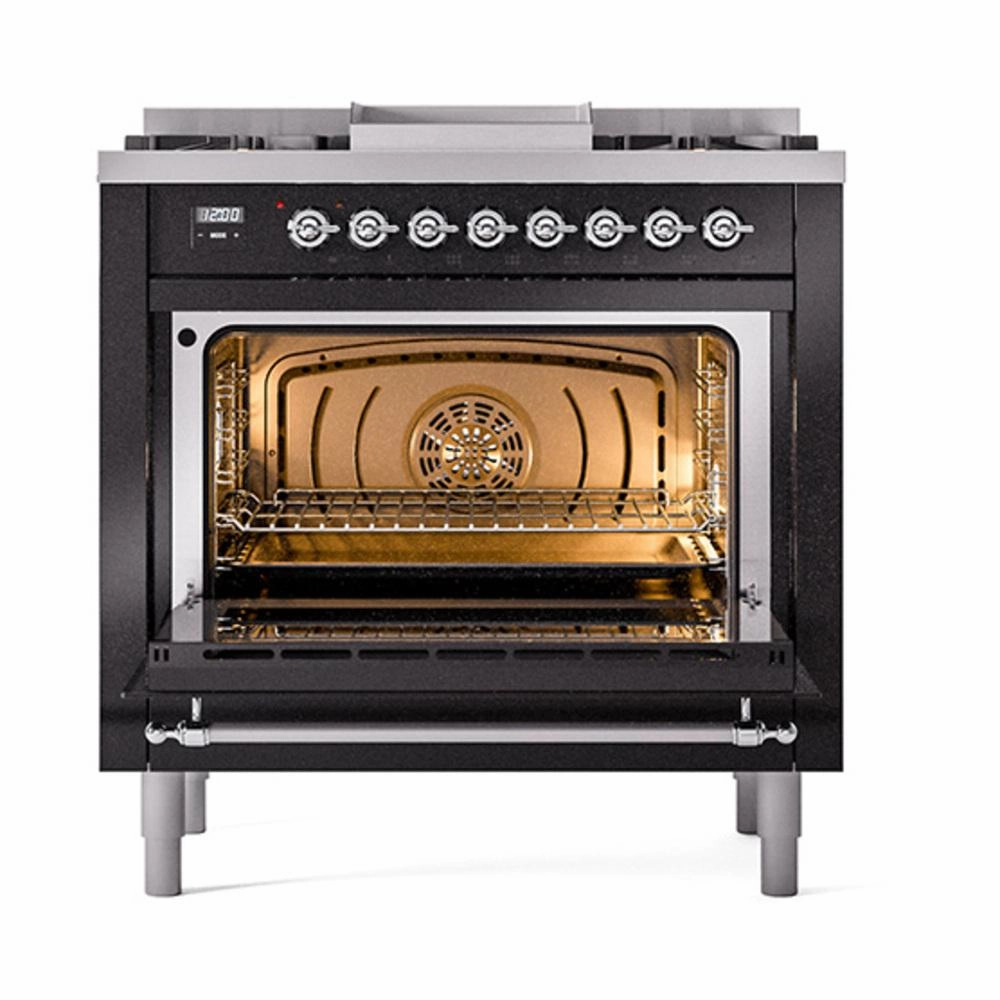Ilve UN36FNMPBKCLP Ilve Un36Fnmpbkclp Nostalgie Ii Noblesse 36" Dual Fuel Range (Liquid Propane, Triple Glass Door, Glossy Black, Chrome)