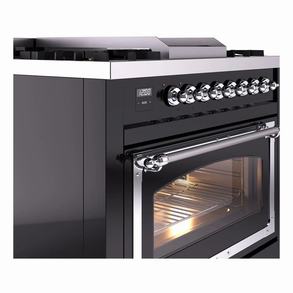 Ilve UN36FNMPBKCLP Ilve Un36Fnmpbkclp Nostalgie Ii Noblesse 36" Dual Fuel Range (Liquid Propane, Triple Glass Door, Glossy Black, Chrome)