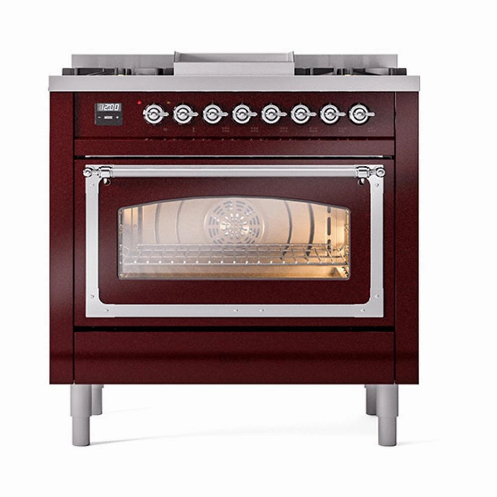Ilve UN36FNMPBUC Ilve Un36Fnmpbuc Nostalgie Ii Noblesse 36" Dual Fuel Range (Natural Gas, Triple Glass Door, Burgundy, Chrome)