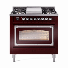 Ilve UN36FNMPBUC Ilve Un36Fnmpbuc Nostalgie Ii Noblesse 36" Dual Fuel Range (Natural Gas, Triple Glass Door, Burgundy, Chrome)