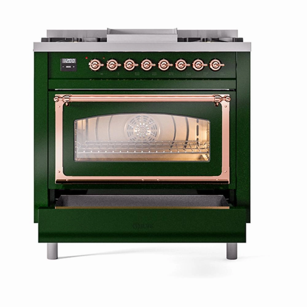 Ilve UN36FNMPEGP Ilve Un36Fnmpegp Nostalgie Ii Noblesse 36" Dual Fuel Range (Natural Gas, Triple Glass Door, Emerald Green, Copper)