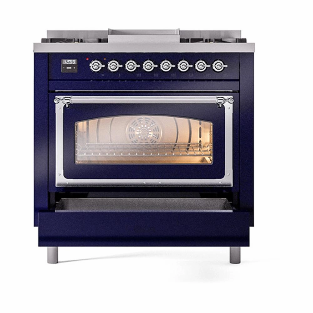 Ilve UN36FNMPMBC Ilve Un36Fnmpmbc Nostalgie Ii Noblesse 36" Dual Fuel Range (Natural Gas, Triple Glass Door, Midnight Blue, Chrome)