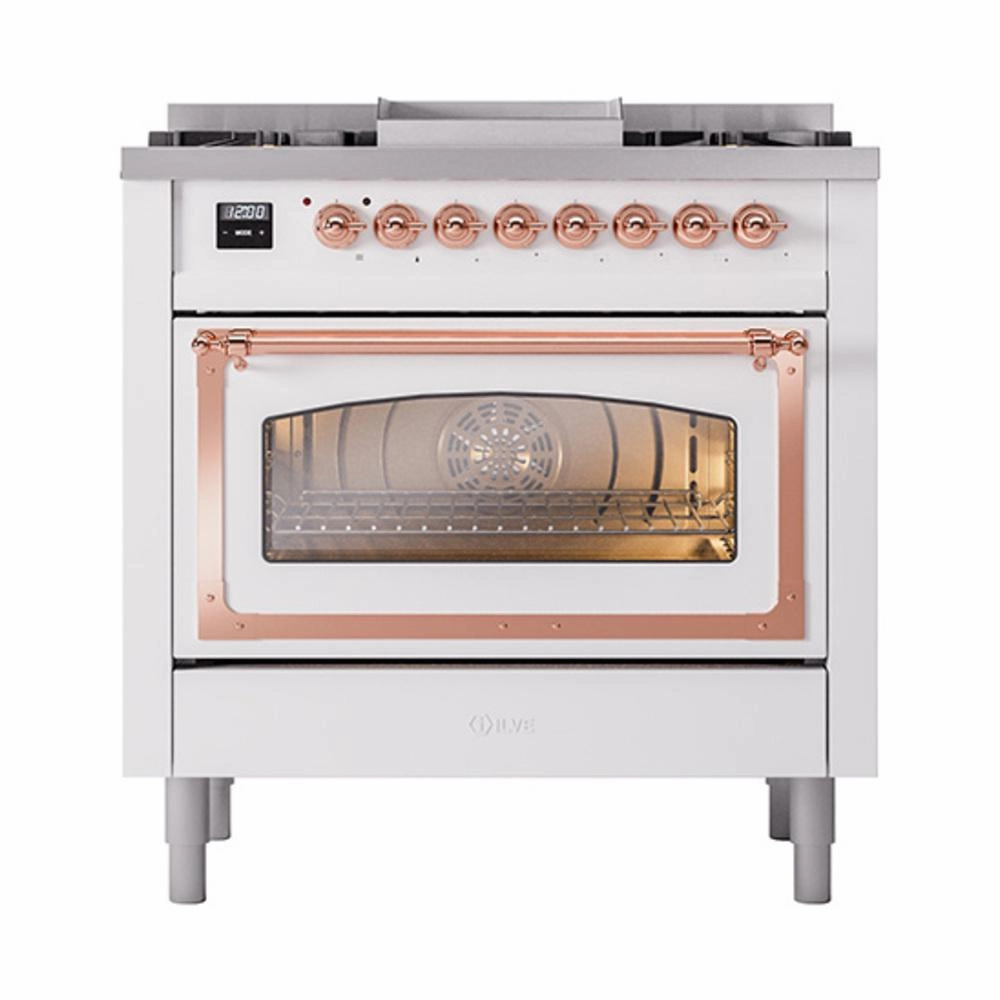 Ilve UN36FNMPWHP Ilve Un36Fnmpwhp Nostalgie Ii Noblesse 36" Dual Fuel Range (Natural Gas, Triple Glass Door, White, Copper)