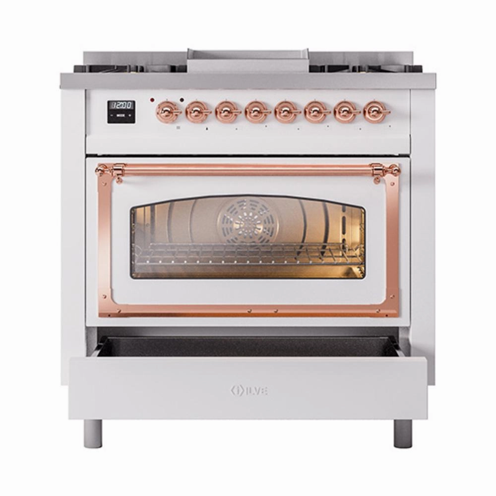 Ilve UN36FNMPWHP Ilve Un36Fnmpwhp Nostalgie Ii Noblesse 36" Dual Fuel Range (Natural Gas, Triple Glass Door, White, Copper)