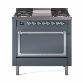 Ilve UN36FQNMPBGC Ilve Un36Fqnmpbgc Nostalgie Ii Noblesse 36" Dual Fuel Range (Natural Gas, Solid Door, Blue Grey, Chrome)