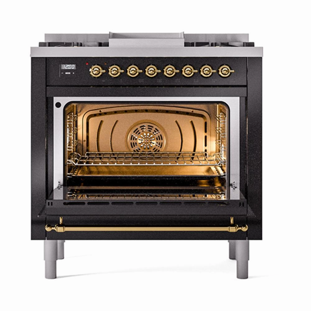 Ilve UN36FQNMPBKGLP Ilve Un36Fqnmpbkglp Nostalgie Ii Noblesse 36" Dual Fuel Range (Liquid Propane, Solid Door, Glossy Black, Brass)