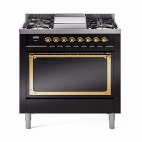 Ilve UN36FQNMPBKGLP Ilve Un36Fqnmpbkglp Nostalgie Ii Noblesse 36" Dual Fuel Range (Liquid Propane, Solid Door, Glossy Black, Brass)
