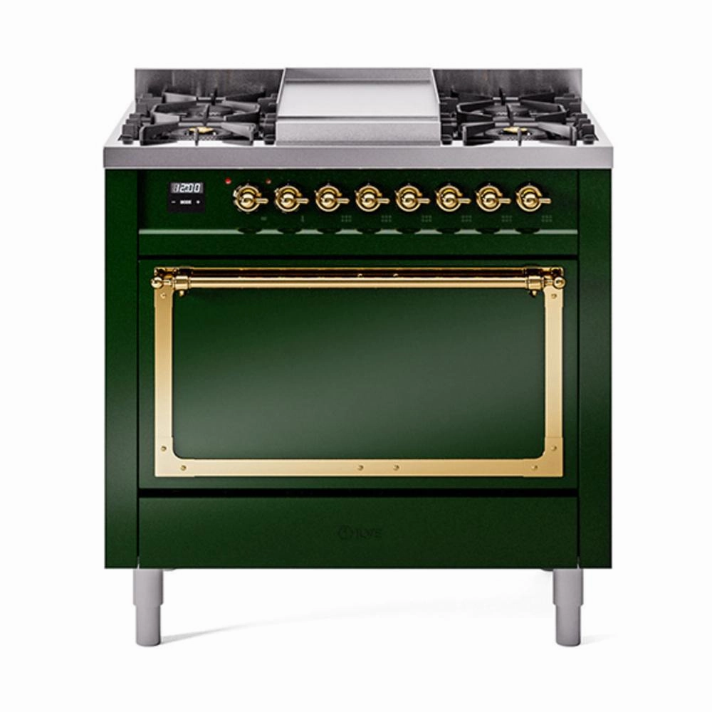 Ilve UN36FQNMPEGG Ilve Un36Fqnmpegg Nostalgie Ii Noblesse 36" Dual Fuel Range (Natural Gas, Solid Door, Emerald Green, Brass)