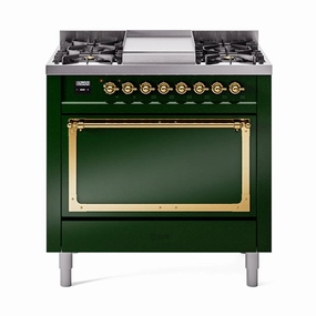 Ilve UN36FQNMPEGG Ilve Un36Fqnmpegg Nostalgie Ii Noblesse 36" Dual Fuel Range (Natural Gas, Solid Door, Emerald Green, Brass)