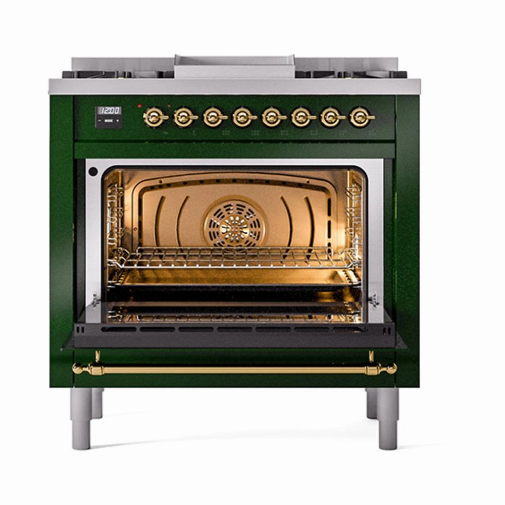 Ilve UN36FQNMPEGG Ilve Un36Fqnmpegg Nostalgie Ii Noblesse 36" Dual Fuel Range (Natural Gas, Solid Door, Emerald Green, Brass)