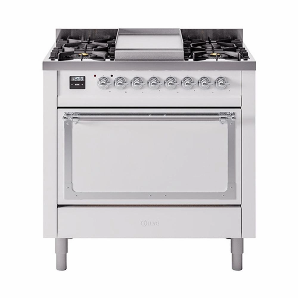 Ilve UN36FQNMPWHCLP Ilve Un36Fqnmpwhclp Nostalgie Ii Noblesse 36" Dual Fuel Range (Liquid Propane, Solid Door, White, Chrome)
